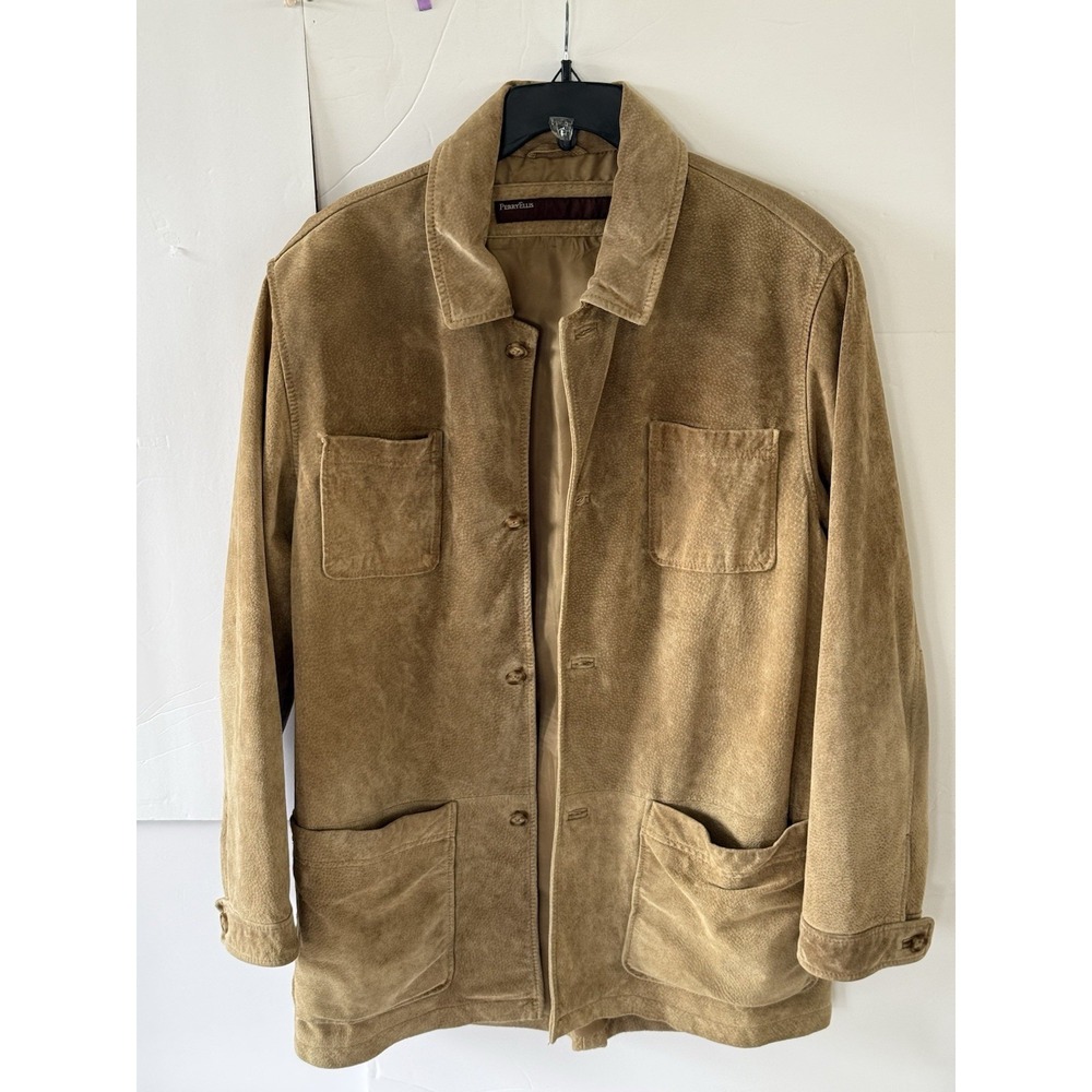 Perry Ellis Mens XL Suede Jacket Relaxed Fit Button Down Chore Barn Overcoat